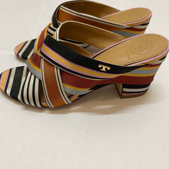 Tory Burch Retro Funky Multicolor Striped Grosgrain Graham Heel Mule Sandals - Picture 4 of 12